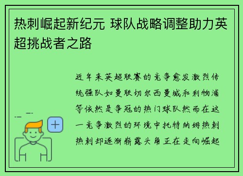 热刺崛起新纪元 球队战略调整助力英超挑战者之路
