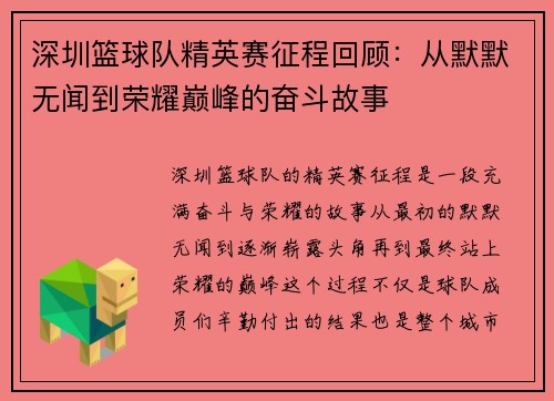 深圳篮球队精英赛征程回顾：从默默无闻到荣耀巅峰的奋斗故事